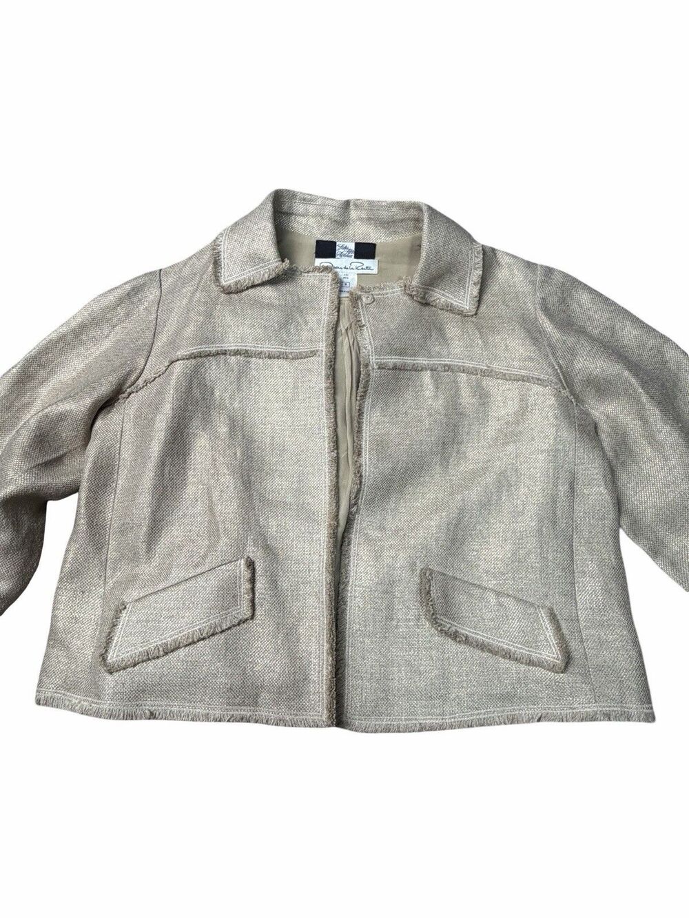 Oscar de la Renta Tweed Jacket Saks Fifth Avenue Beige Gold Shimmer Fringe Sz 10 - Picture 2 of 8